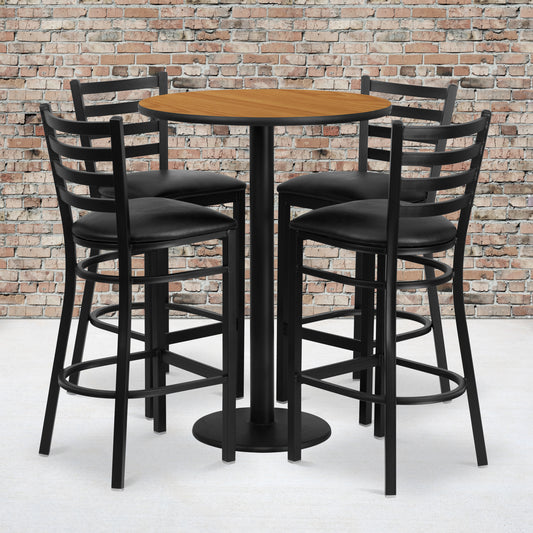 Jamie 30'' Round Natural Laminate Table Set with Round Base and 4 Ladder Back Metal Barstools - Black Vinyl Seat Natural Top/Black Vinyl Seat