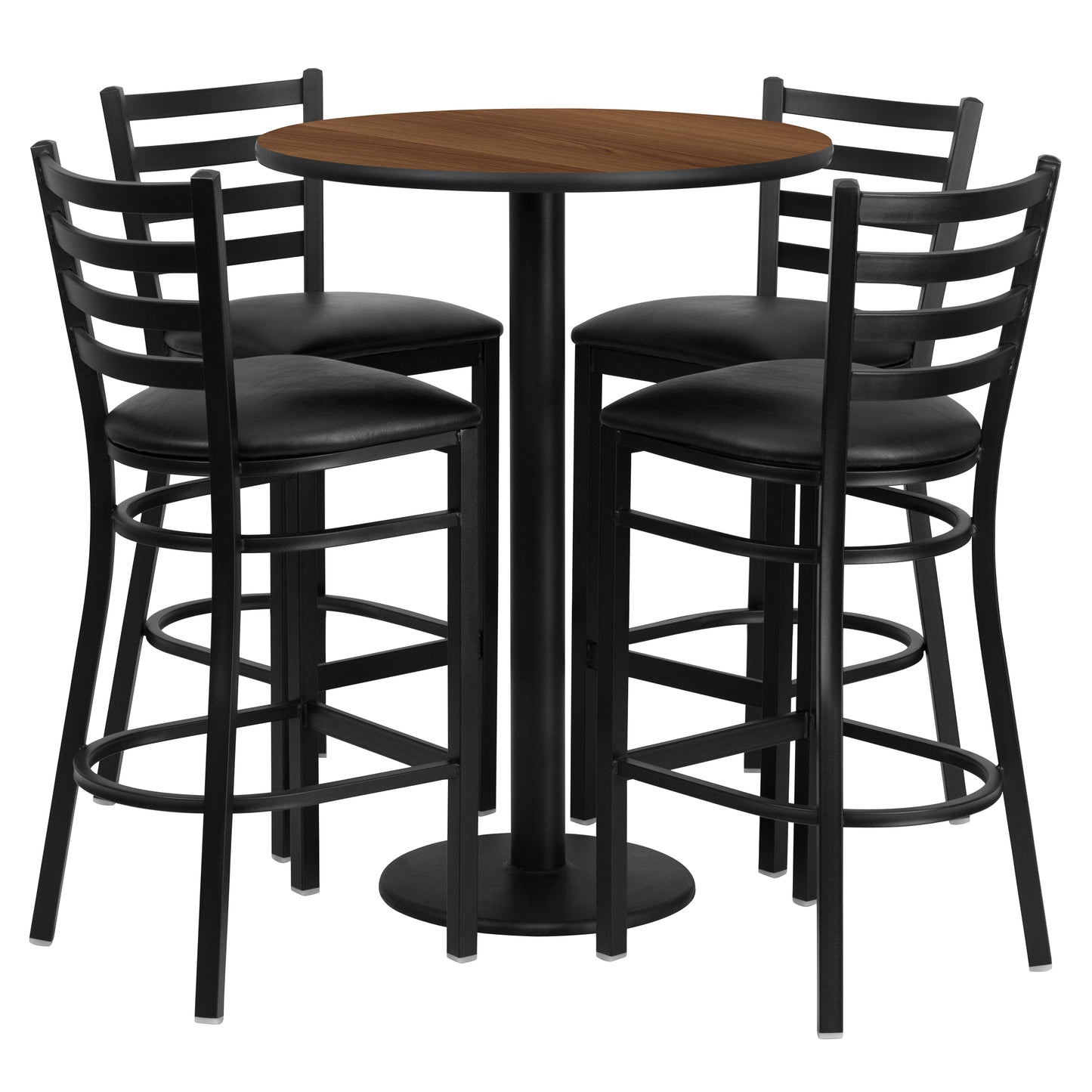 Jamie 30'' Round Walnut Laminate Table Set with Round Base and 4 Ladder Back Metal Barstools - Black Vinyl Seat Walnut Top/Black Vinyl Seat
