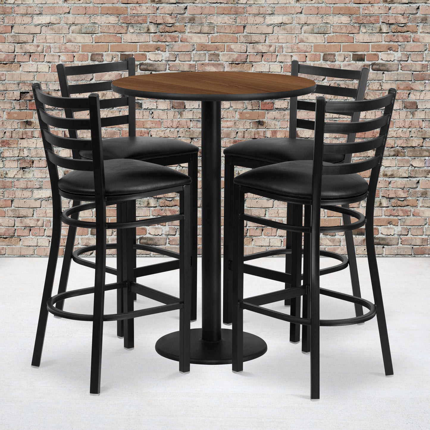 Jamie 30'' Round Walnut Laminate Table Set with Round Base and 4 Ladder Back Metal Barstools - Black Vinyl Seat Walnut Top/Black Vinyl Seat