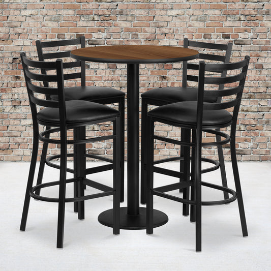Jamie 30'' Round Walnut Laminate Table Set with Round Base and 4 Ladder Back Metal Barstools - Black Vinyl Seat Walnut Top/Black Vinyl Seat