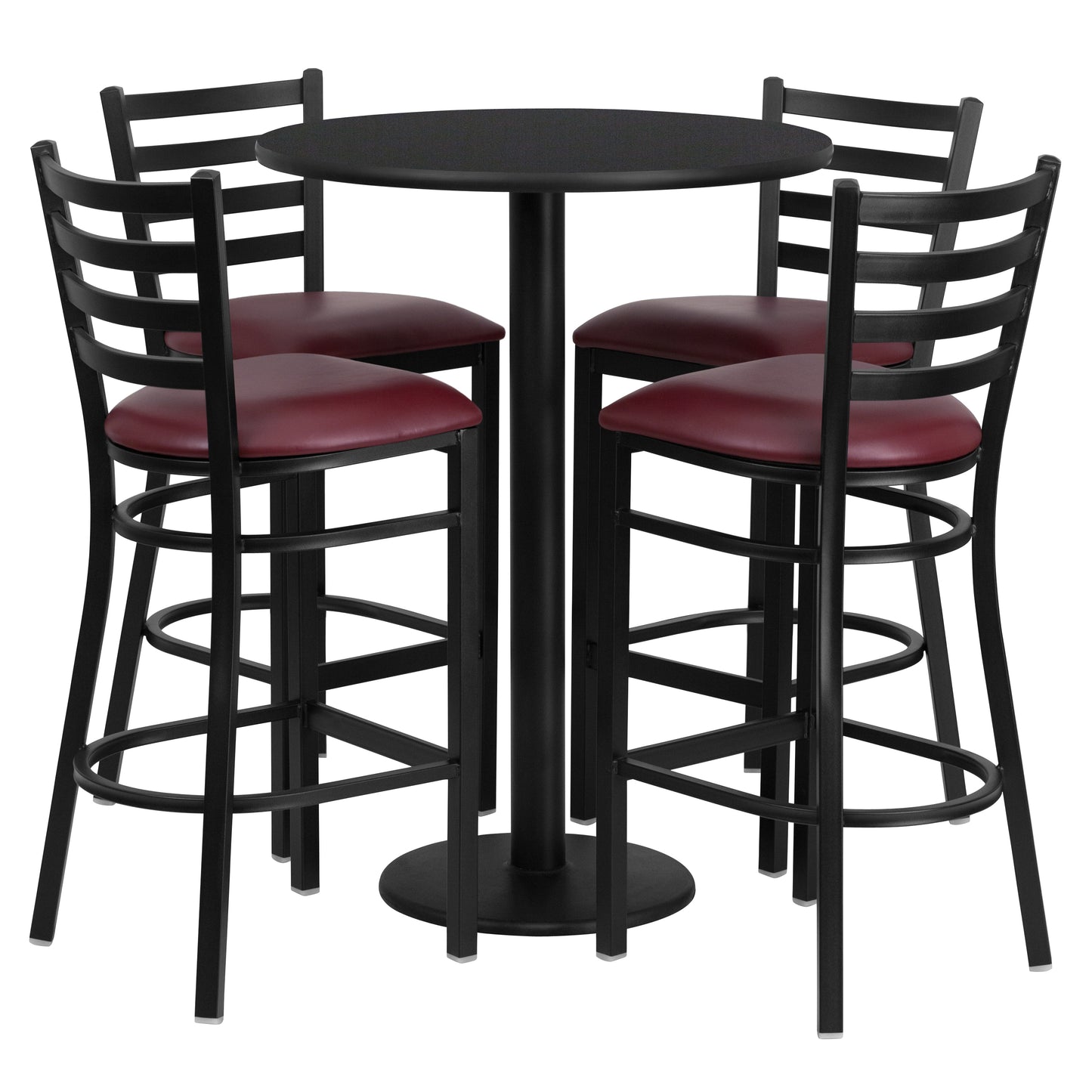 Jamie 30'' Round Black Laminate Table Set with Round Base and 4 Ladder Back Metal Barstools - Burgundy Vinyl Seat Black Top/Burgundy Vinyl Seat