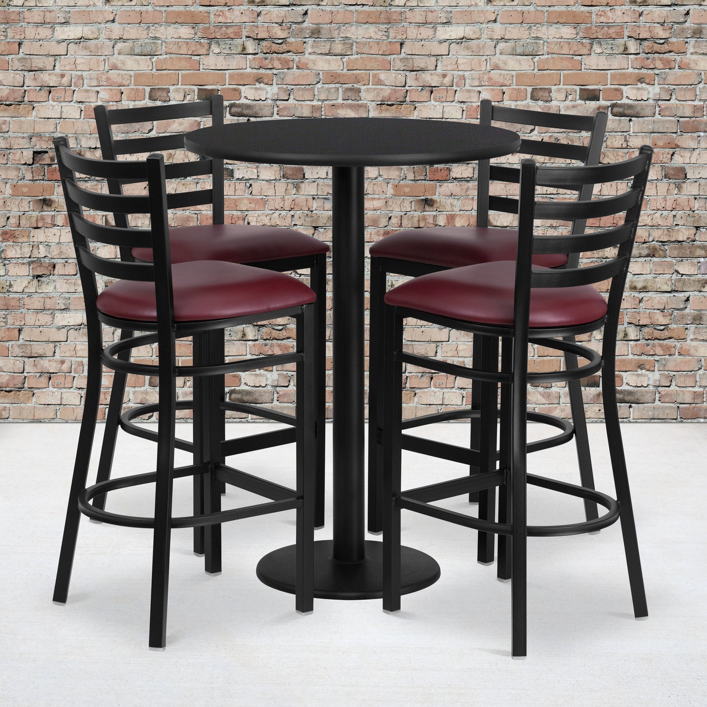 Jamie 30'' Round Black Laminate Table Set with Round Base and 4 Ladder Back Metal Barstools - Burgundy Vinyl Seat Black Top/Burgundy Vinyl Seat