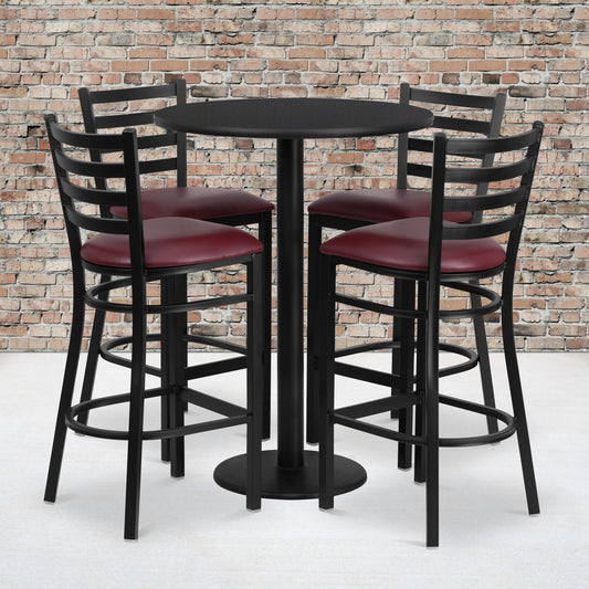 Jamie 30'' Round Black Laminate Table Set with Round Base and 4 Ladder Back Metal Barstools - Burgundy Vinyl Seat Black Top/Burgundy Vinyl Seat