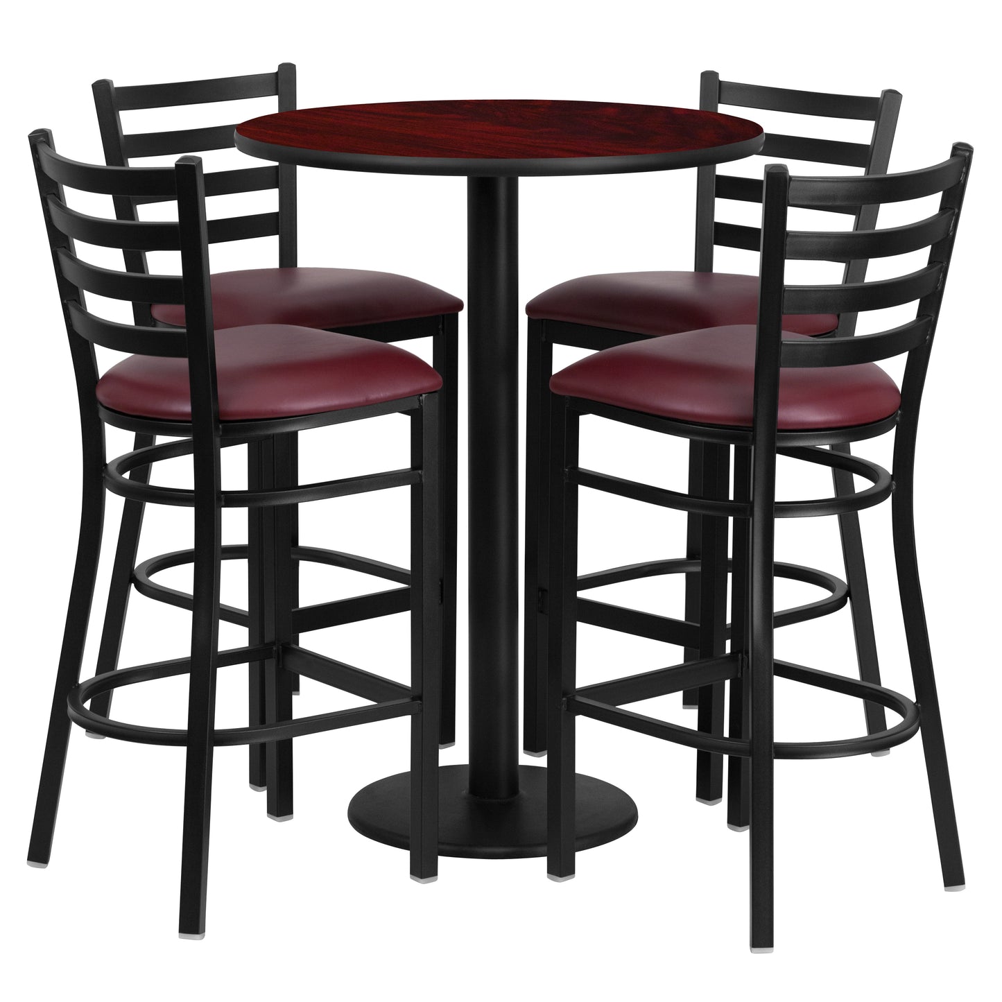 Jamie 30'' Round Mahogany Laminate Table Set with Round Base and 4 Ladder Back Metal Barstools - Burgundy Vinyl Seat Mahogany Top/Burgundy Vinyl Seat