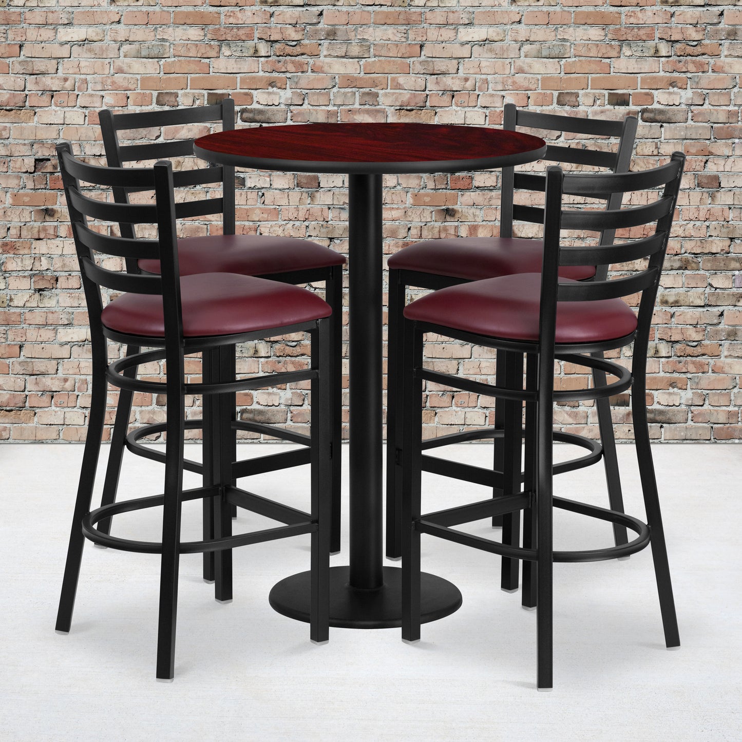 Jamie 30'' Round Mahogany Laminate Table Set with Round Base and 4 Ladder Back Metal Barstools - Burgundy Vinyl Seat Mahogany Top/Burgundy Vinyl Seat