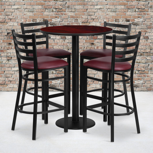 Jamie 30'' Round Mahogany Laminate Table Set with Round Base and 4 Ladder Back Metal Barstools - Burgundy Vinyl Seat Mahogany Top/Burgundy Vinyl Seat