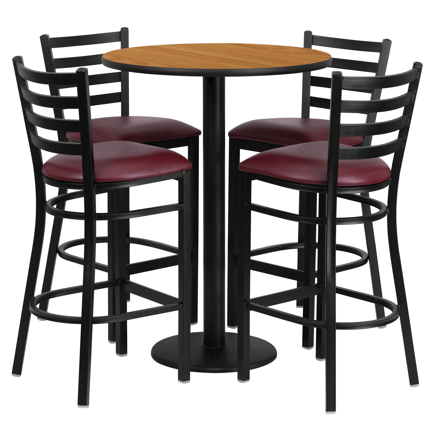 Jamie 30'' Round Natural Laminate Table Set with Round Base and 4 Ladder Back Metal Barstools - Burgundy Vinyl Seat Natural Top/Burgundy Vinyl Seat