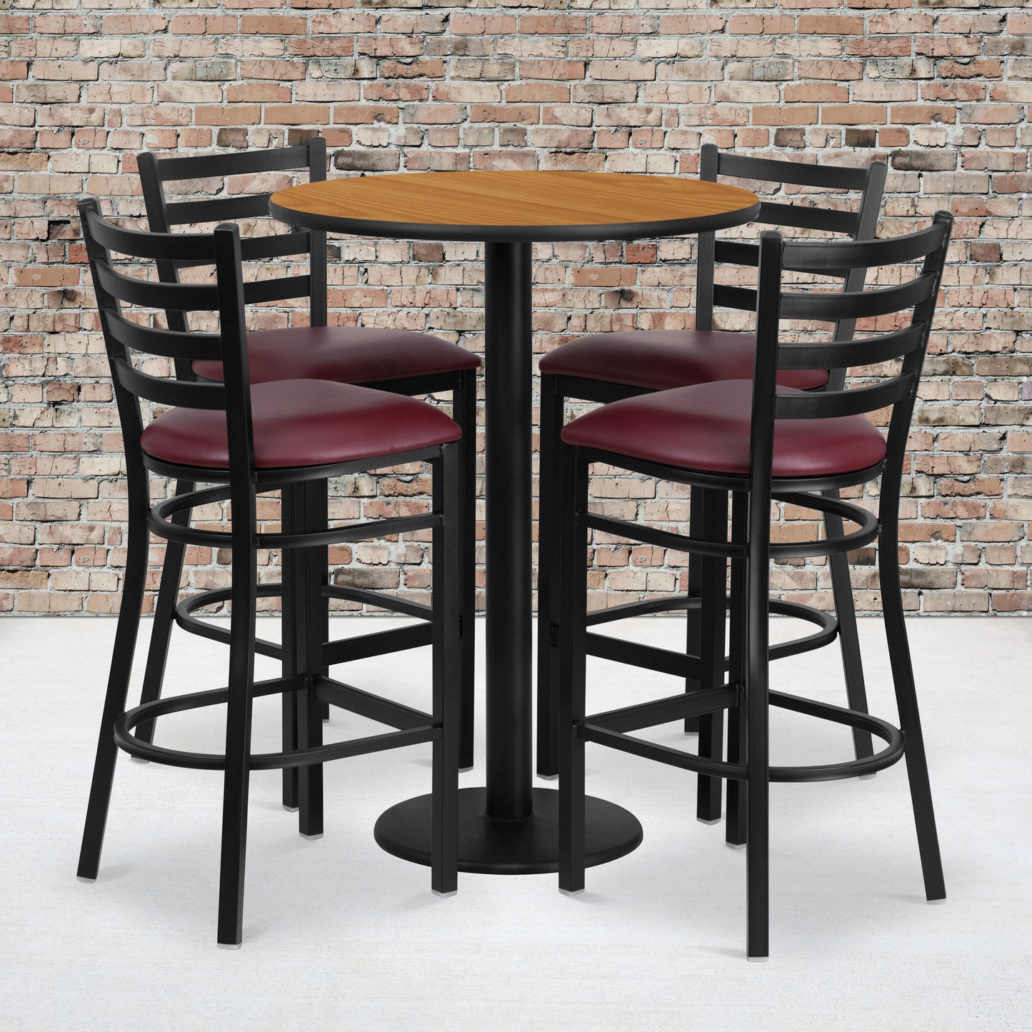 Jamie 30'' Round Natural Laminate Table Set with Round Base and 4 Ladder Back Metal Barstools - Burgundy Vinyl Seat Natural Top/Burgundy Vinyl Seat
