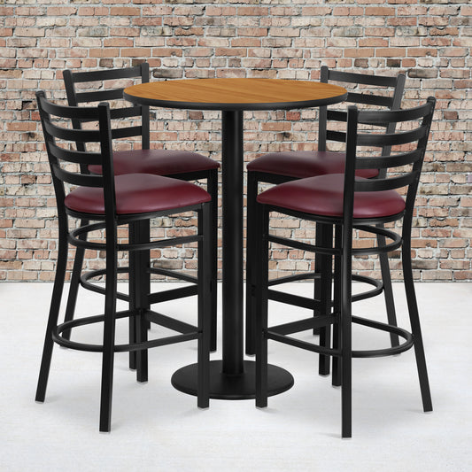 Jamie 30'' Round Natural Laminate Table Set with Round Base and 4 Ladder Back Metal Barstools - Burgundy Vinyl Seat Natural Top/Burgundy Vinyl Seat