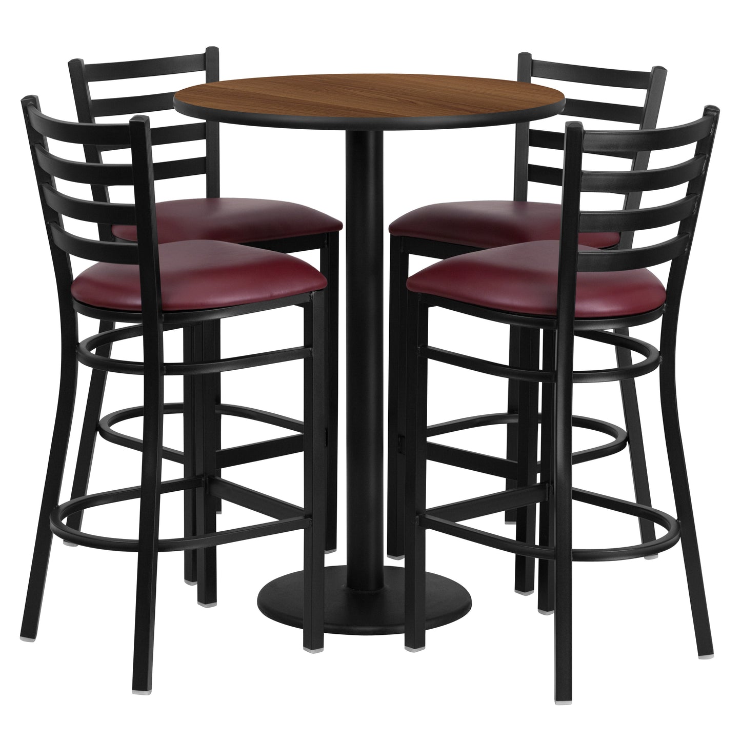 Jamie 30'' Round Walnut Laminate Table Set with Round Base and 4 Ladder Back Metal Barstools - Burgundy Vinyl Seat Walnut Top/Burgundy Vinyl Seat