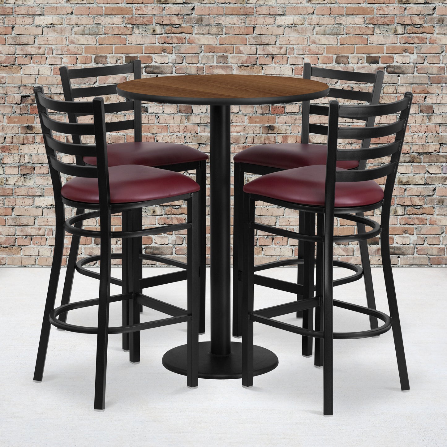 Jamie 30'' Round Walnut Laminate Table Set with Round Base and 4 Ladder Back Metal Barstools - Burgundy Vinyl Seat Walnut Top/Burgundy Vinyl Seat