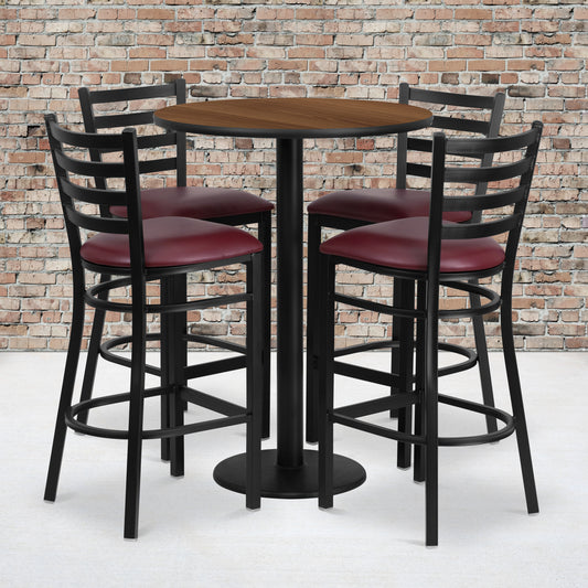 Jamie 30'' Round Walnut Laminate Table Set with Round Base and 4 Ladder Back Metal Barstools - Burgundy Vinyl Seat Walnut Top/Burgundy Vinyl Seat
