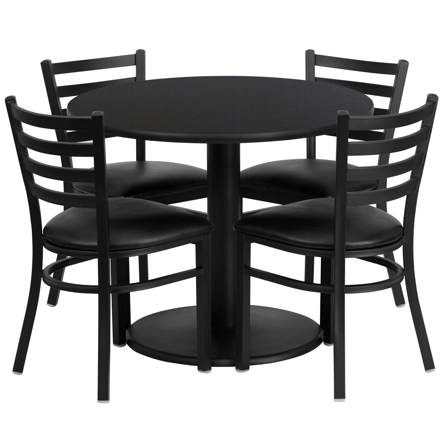 Jamie 36'' Round Black Laminate Table Set with Round Base and 4 Ladder Back Metal Chairs - Black Vinyl Seat Black Top/Black Vinyl Seat