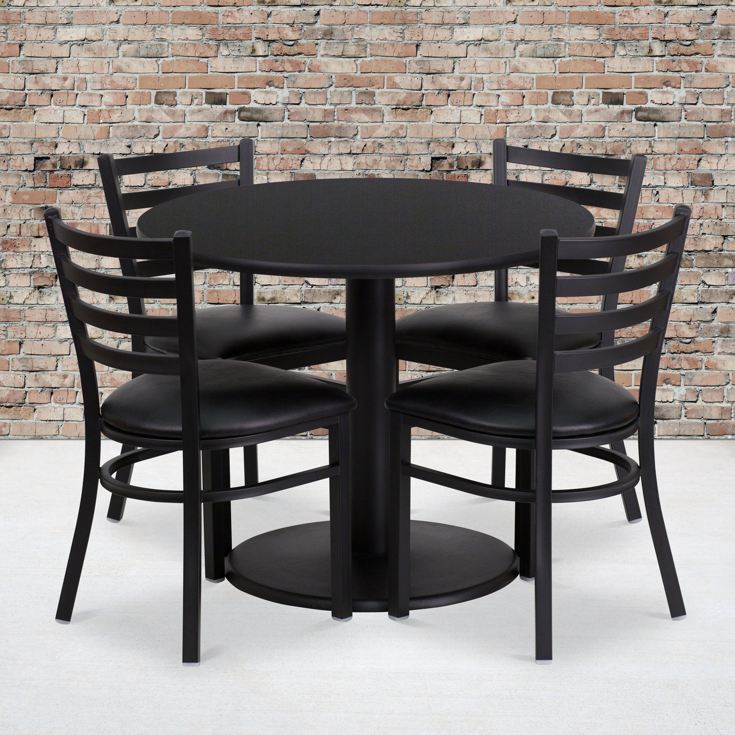Jamie 36'' Round Black Laminate Table Set with Round Base and 4 Ladder Back Metal Chairs - Black Vinyl Seat Black Top/Black Vinyl Seat