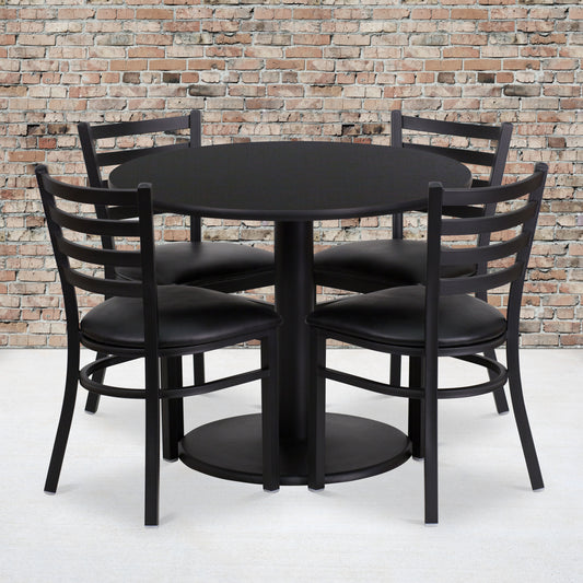 Jamie 36'' Round Black Laminate Table Set with Round Base and 4 Ladder Back Metal Chairs - Black Vinyl Seat Black Top/Black Vinyl Seat