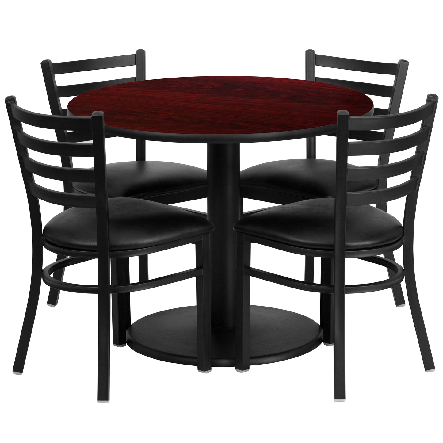 Jamie 36'' Round Mahogany Laminate Table Set with Round Base and 4 Ladder Back Metal Chairs - Black Vinyl Seat Mahogany Top/Black Vinyl Seat