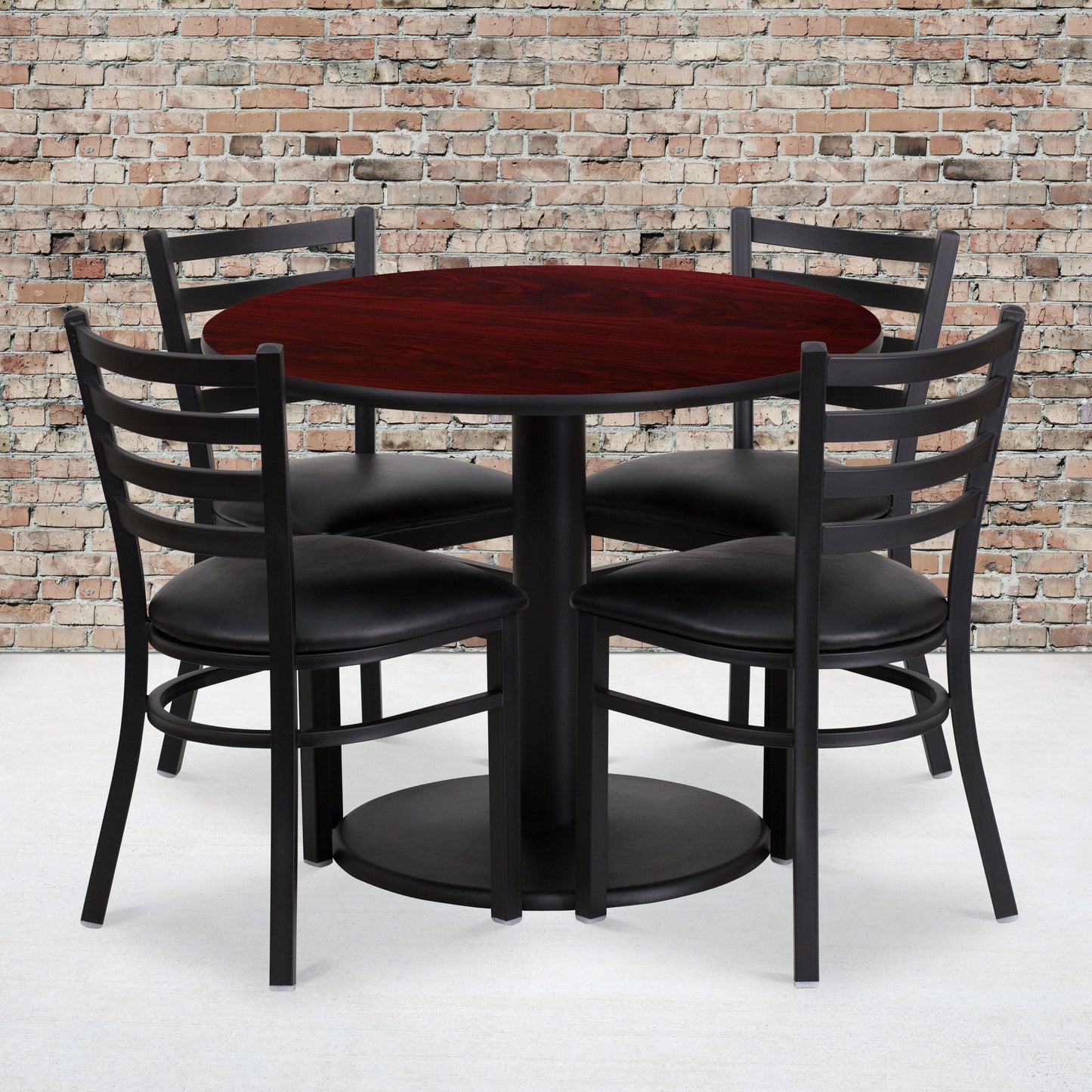Jamie 36'' Round Mahogany Laminate Table Set with Round Base and 4 Ladder Back Metal Chairs - Black Vinyl Seat Mahogany Top/Black Vinyl Seat