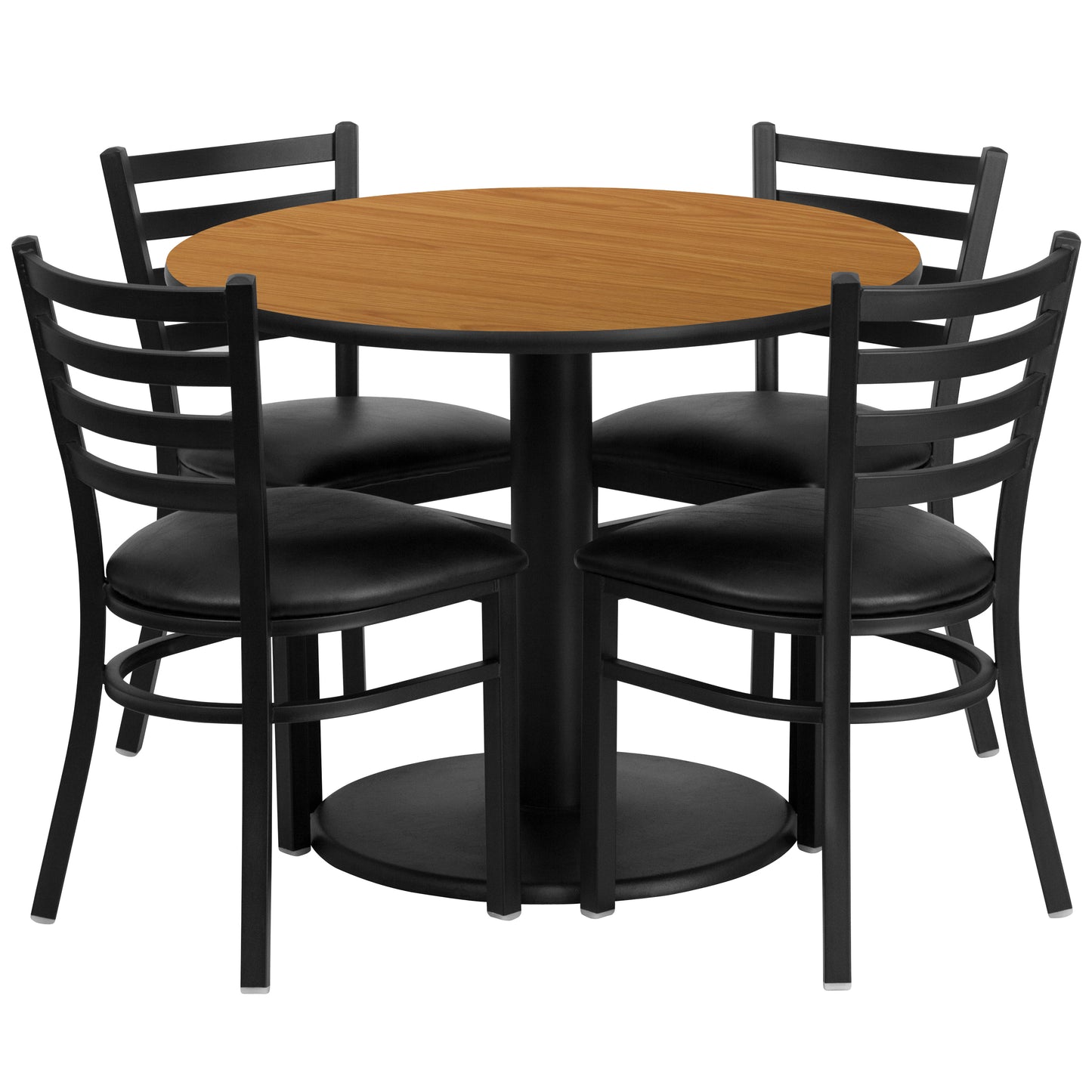 Jamie 36'' Round Natural Laminate Table Set with Round Base and 4 Ladder Back Metal Chairs - Black Vinyl Seat Natural Top/Black Vinyl Seat