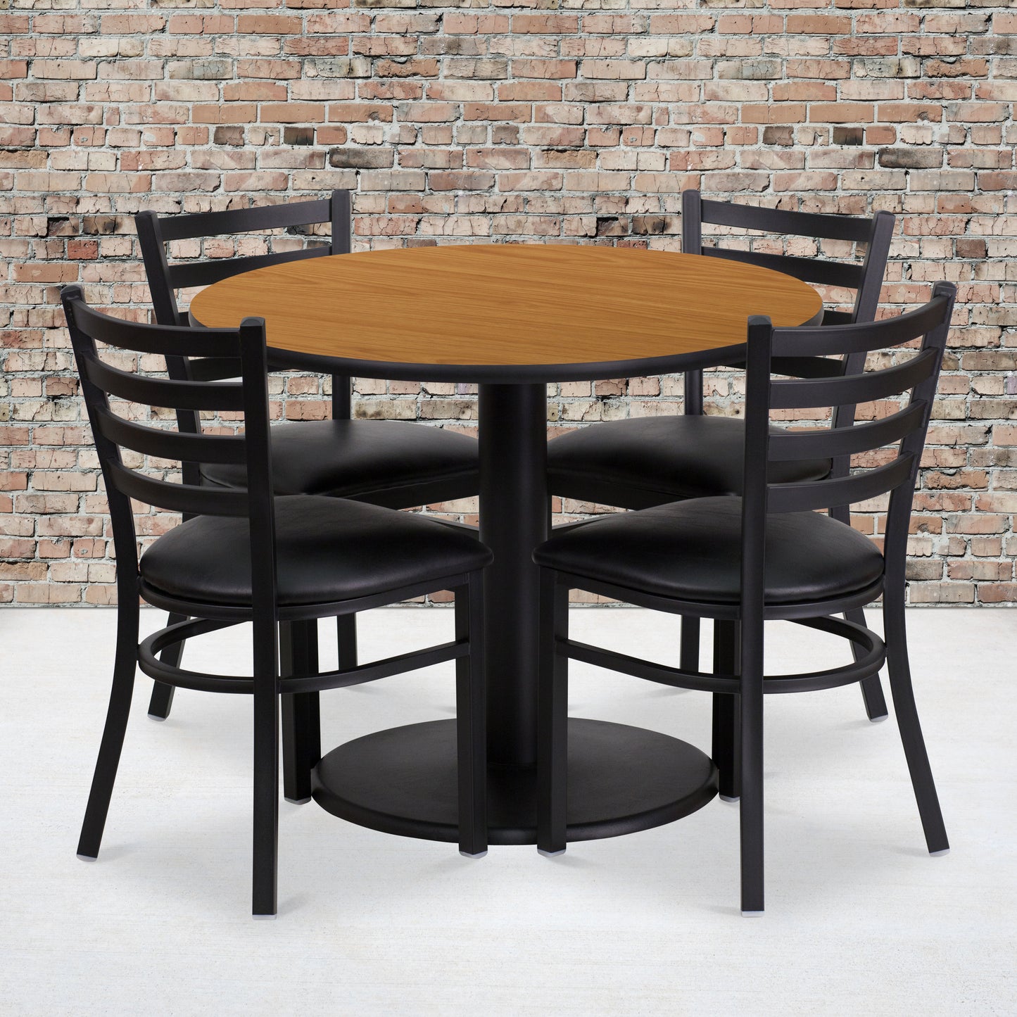 Jamie 36'' Round Natural Laminate Table Set with Round Base and 4 Ladder Back Metal Chairs - Black Vinyl Seat Natural Top/Black Vinyl Seat