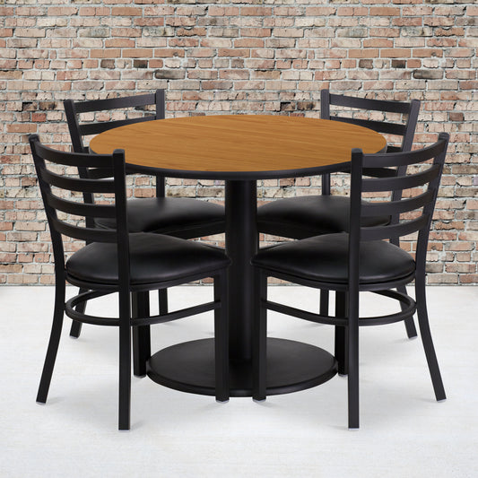 Jamie 36'' Round Natural Laminate Table Set with Round Base and 4 Ladder Back Metal Chairs - Black Vinyl Seat Natural Top/Black Vinyl Seat