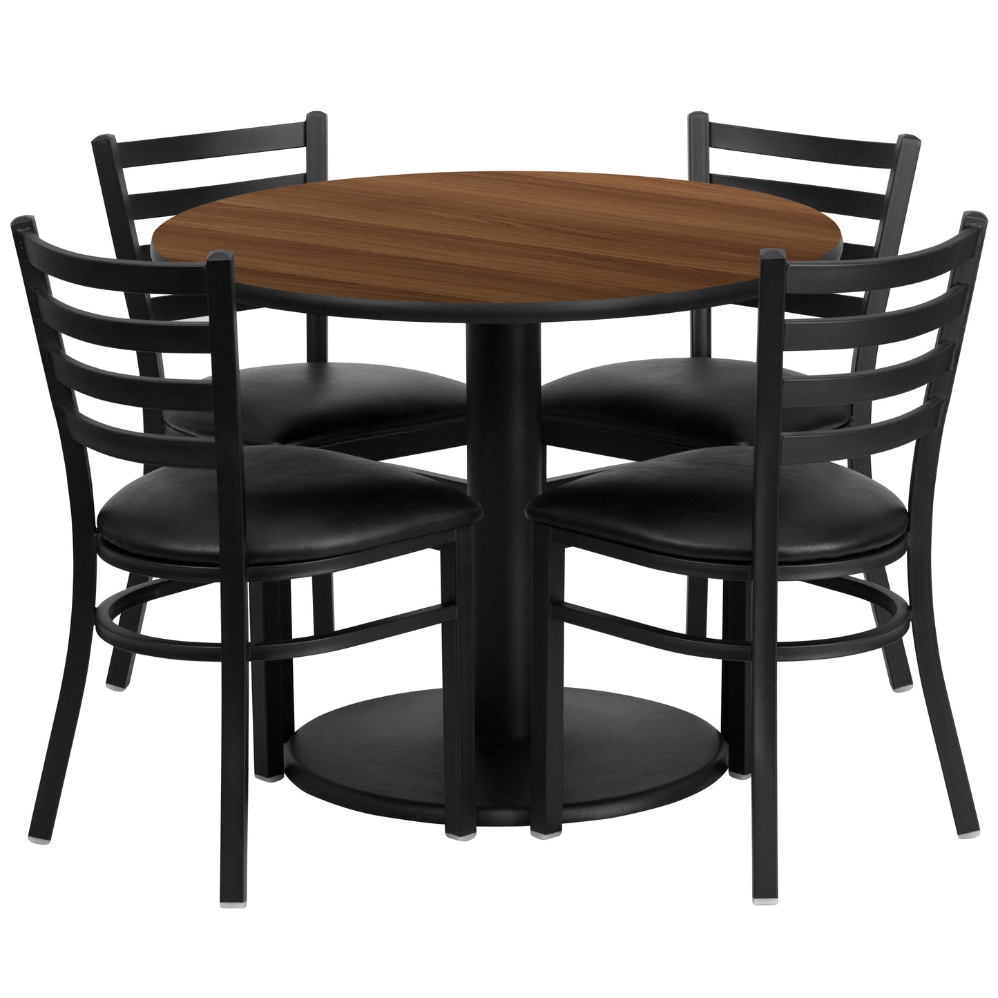 Jamie 36'' Round Walnut Laminate Table Set with Round Base and 4 Ladder Back Metal Chairs - Black Vinyl Seat Walnut Top/Black Vinyl Seat