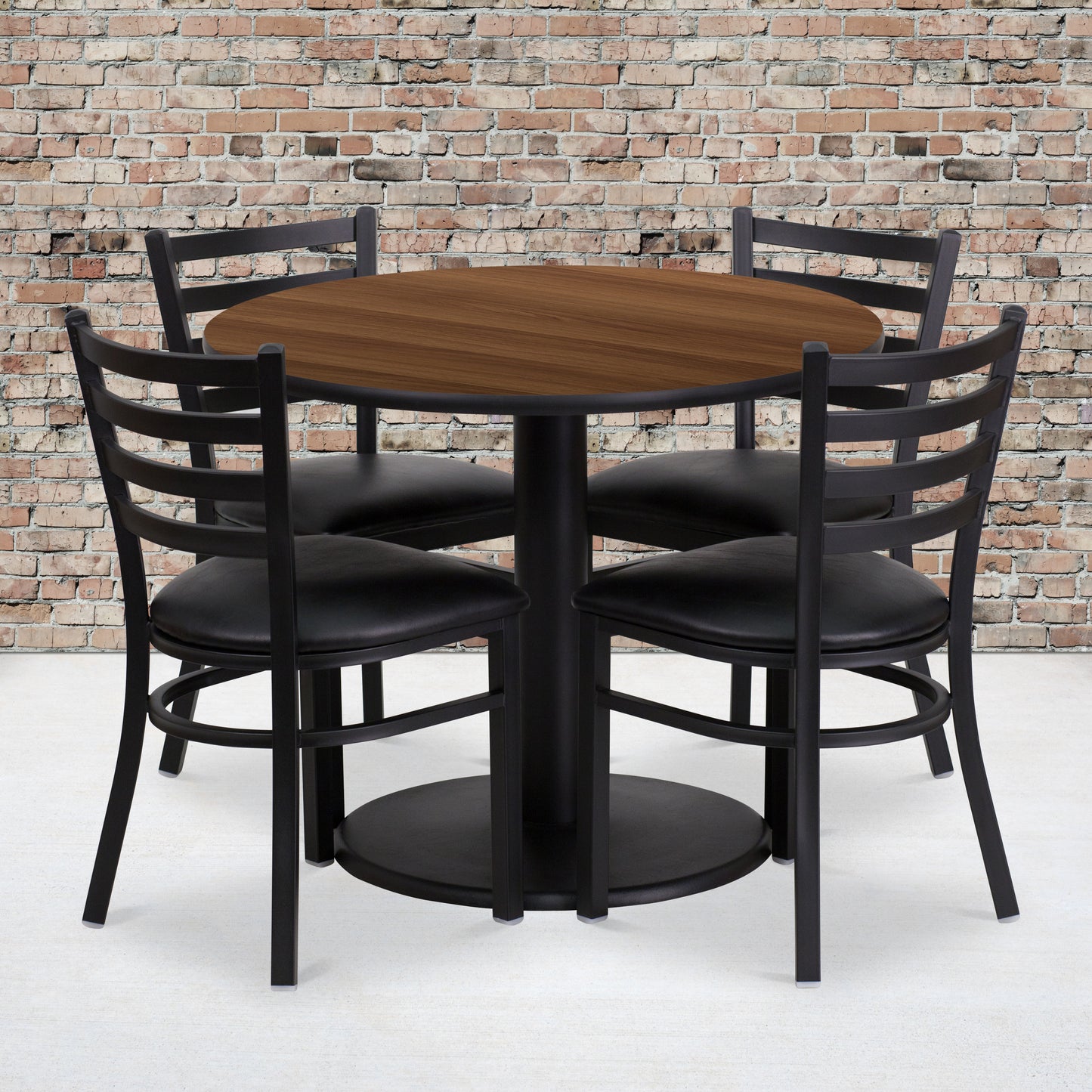 Jamie 36'' Round Walnut Laminate Table Set with Round Base and 4 Ladder Back Metal Chairs - Black Vinyl Seat Walnut Top/Black Vinyl Seat