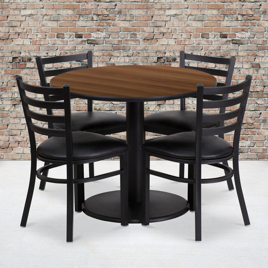 Jamie 36'' Round Walnut Laminate Table Set with Round Base and 4 Ladder Back Metal Chairs - Black Vinyl Seat Walnut Top/Black Vinyl Seat