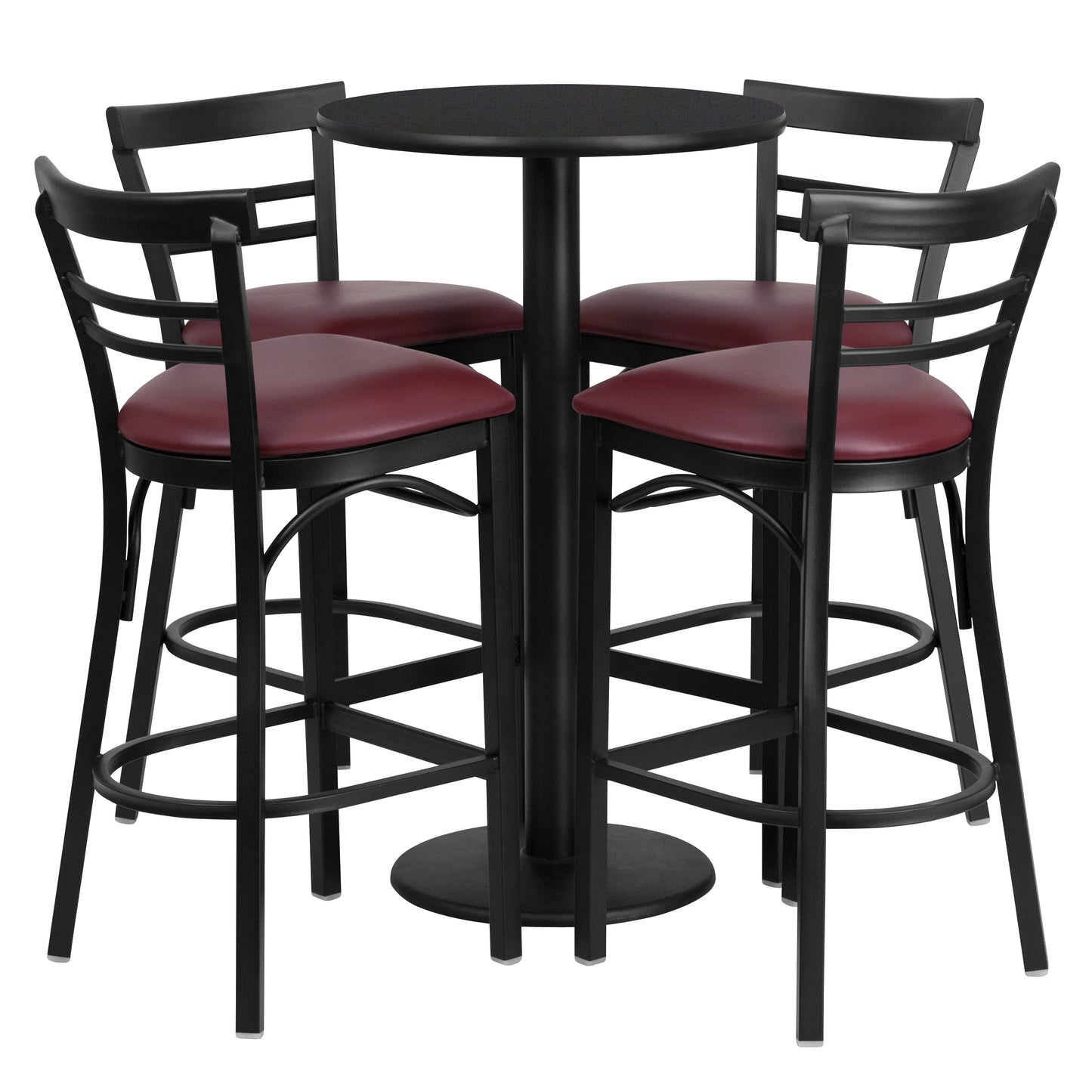 Jamie 24'' Round Black Laminate Table Set with Round Base and 4 Two-Slat Ladder Back Metal Barstools - Burgundy Vinyl Seat Black Top/Burgundy Vinyl Seat RSRB1037-GG