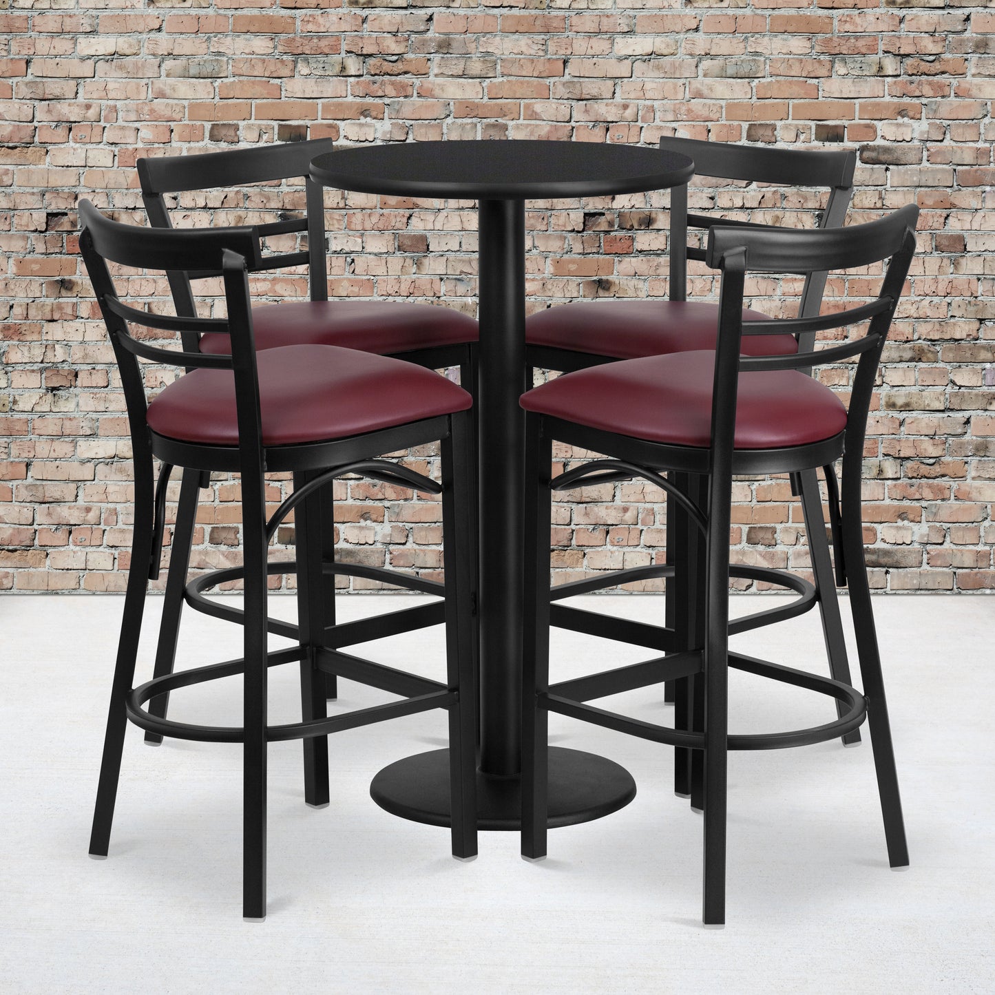Jamie 24'' Round Black Laminate Table Set with Round Base and 4 Two-Slat Ladder Back Metal Barstools - Burgundy Vinyl Seat Black Top/Burgundy Vinyl Seat RSRB1037-GG