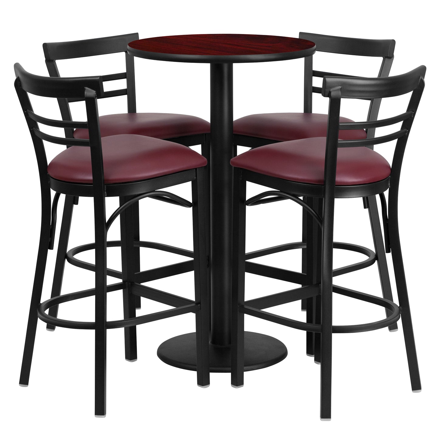 Jamie 24'' Round Mahogany Laminate Table Set with Round Base and 4 Two-Slat Ladder Back Metal Barstools - Burgundy Vinyl Seat Mahogany Top/Burgundy Vinyl Seat RSRB1038-GG