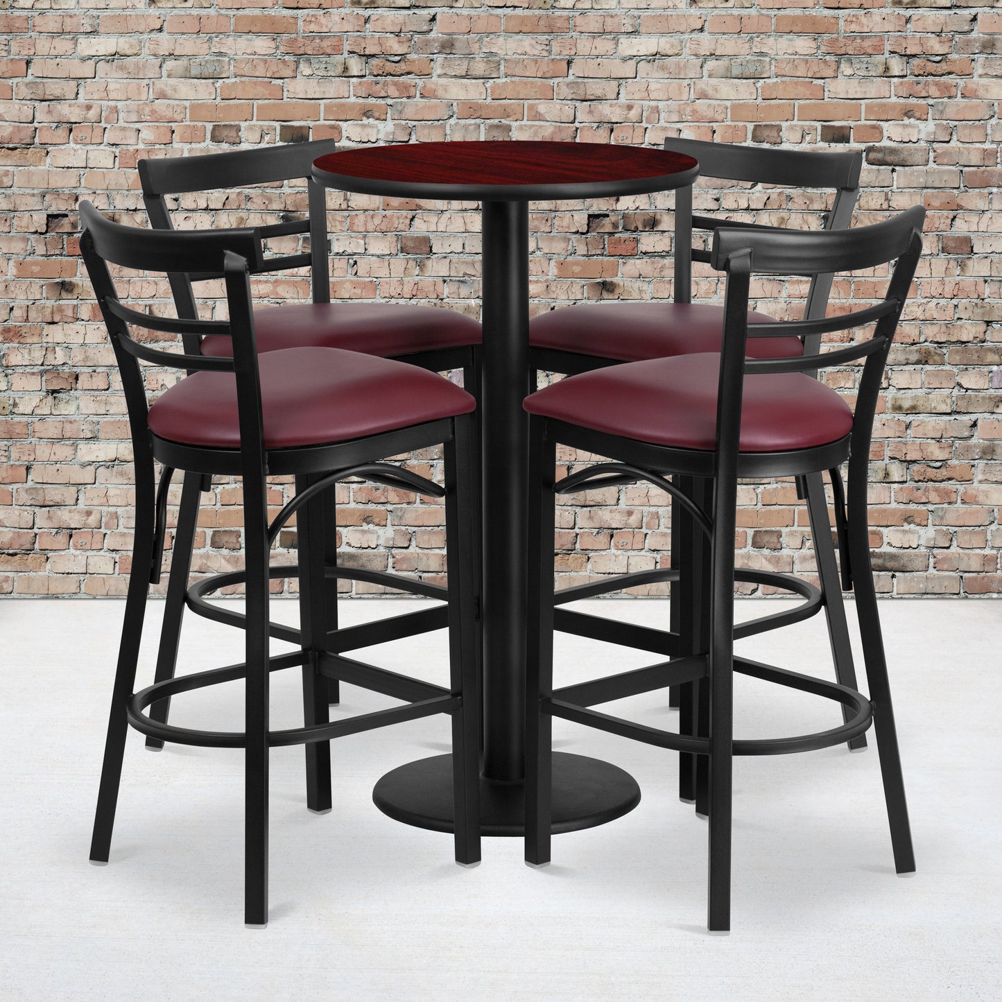 Jamie 24'' Round Mahogany Laminate Table Set with Round Base and 4 Two-Slat Ladder Back Metal Barstools - Burgundy Vinyl Seat Mahogany Top/Burgundy Vinyl Seat RSRB1038-GG