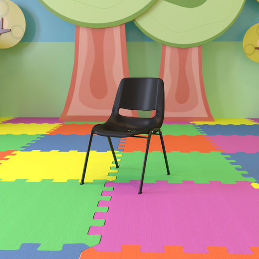 HERCULES Series 440 lb. Capacity Kid's Black Ergonomic Shell Stack Chair with Black Frame and 12" Seat Height Black Plastic/Black Frame