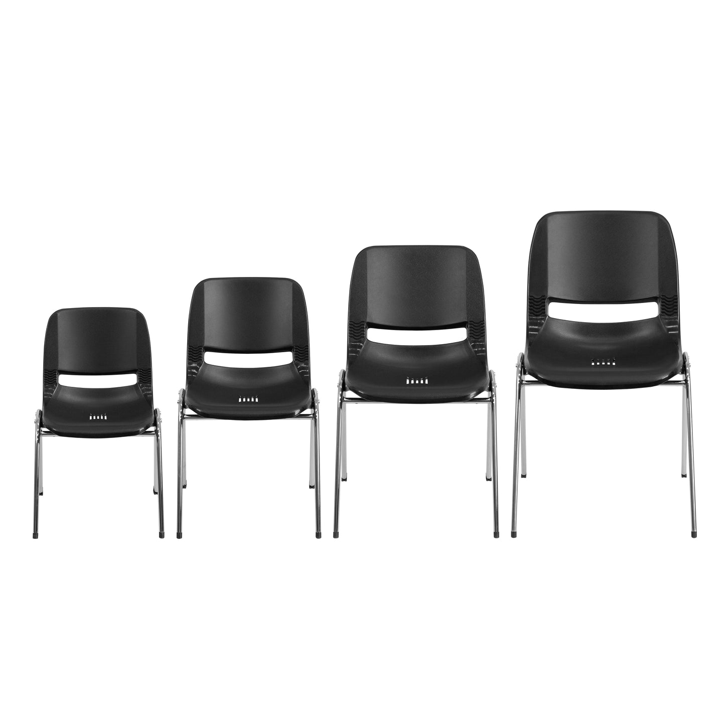 HERCULES Series 440 lb. Capacity Kid's Black Ergonomic Shell Stack Chair with Chrome Frame and 14" Seat Height Black Plastic/Chrome Frame