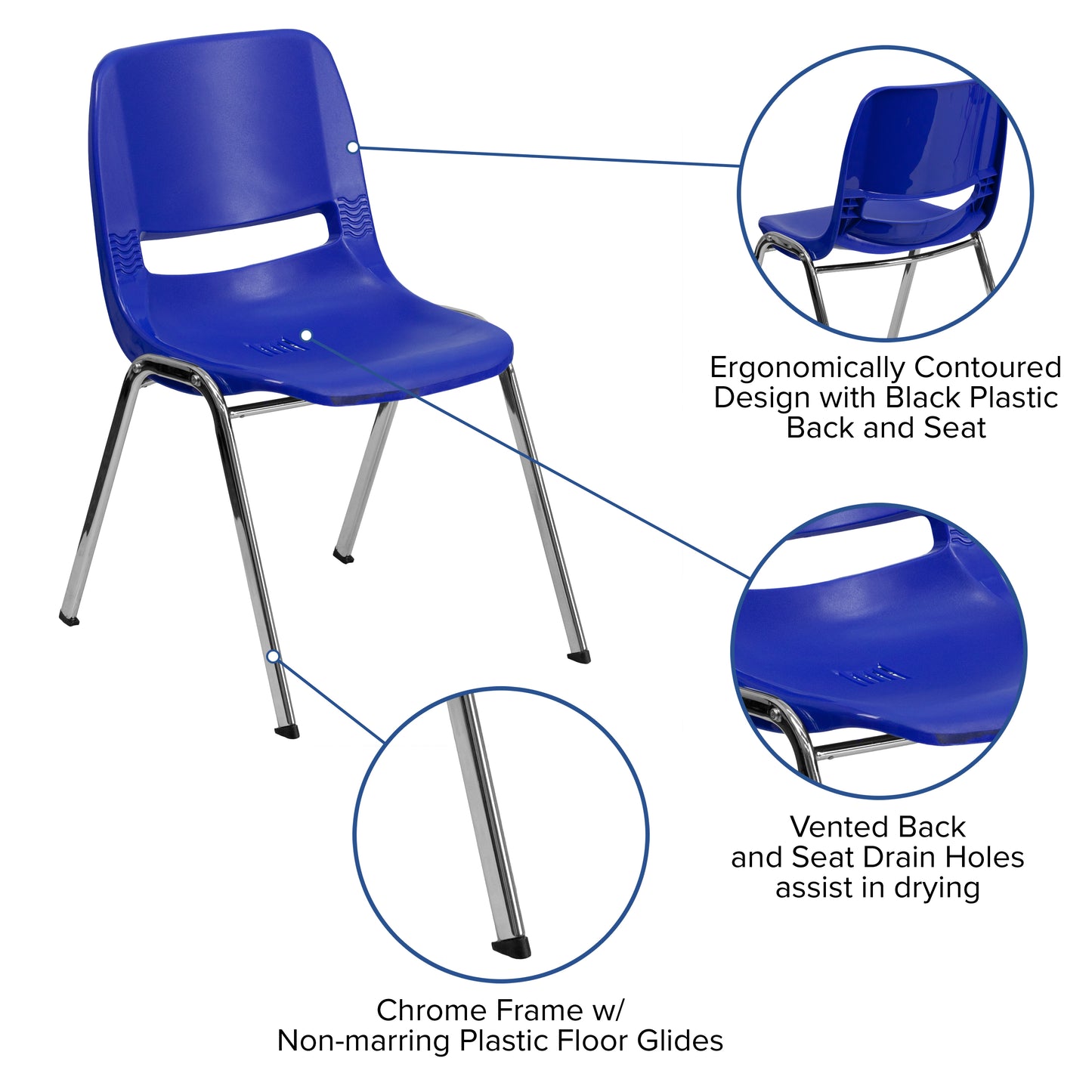 HERCULES Series 440 lb. Capacity Kid's Navy Ergonomic Shell Stack Chair with Chrome Frame and 14" Seat Height Navy Plastic/Chrome Frame