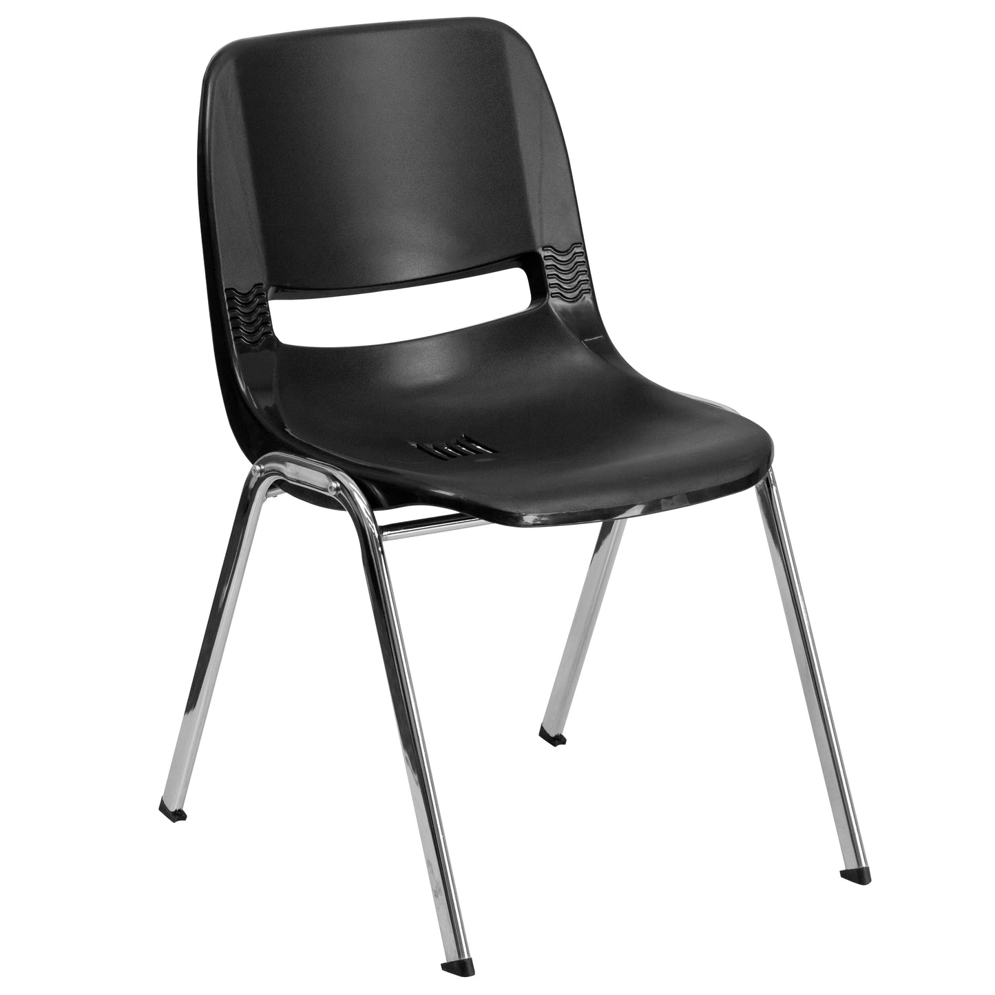 HERCULES Series 661 lb. Capacity Black Ergonomic Shell Stack Chair with Chrome Frame and 16'' Seat Height Black Plastic/Chrome Frame