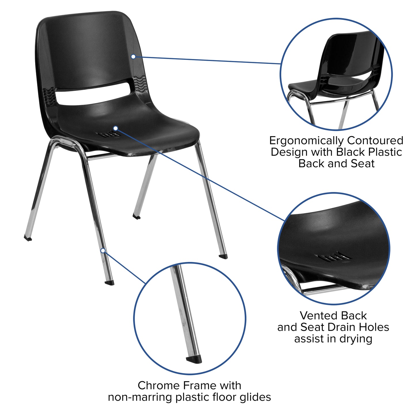 HERCULES Series 661 lb. Capacity Black Ergonomic Shell Stack Chair with Chrome Frame and 16'' Seat Height Black Plastic/Chrome Frame