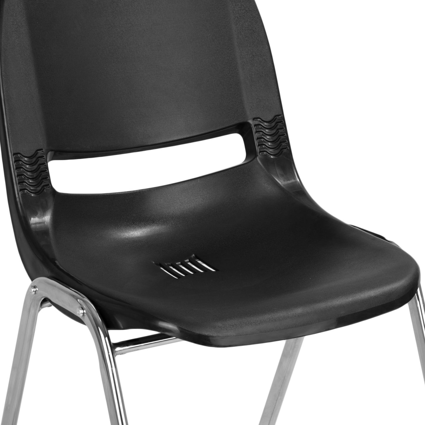 HERCULES Series 661 lb. Capacity Black Ergonomic Shell Stack Chair with Chrome Frame and 16'' Seat Height Black Plastic/Chrome Frame
