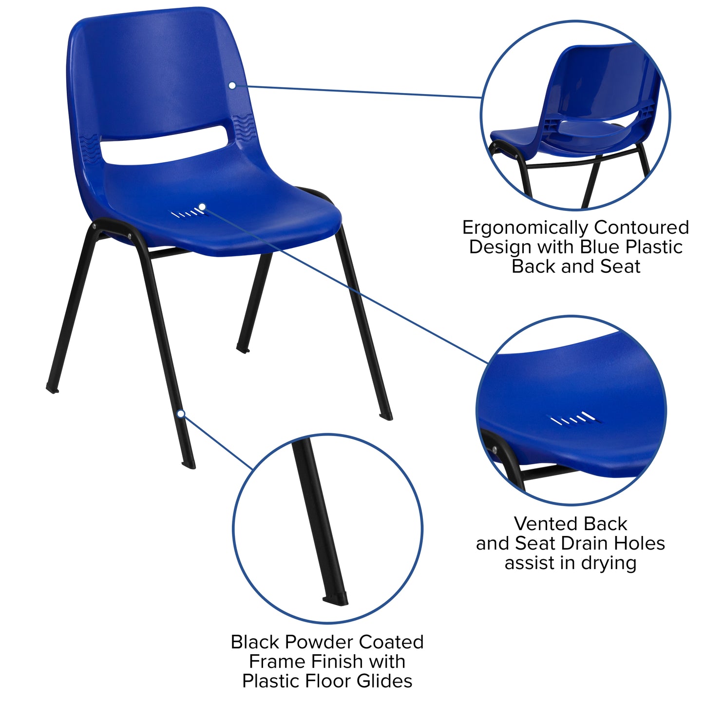 HERCULES Series 661 lb. Capacity Navy Ergonomic Shell Stack Chair with Black Frame and 16'' Seat Height Navy Plastic/Black Frame