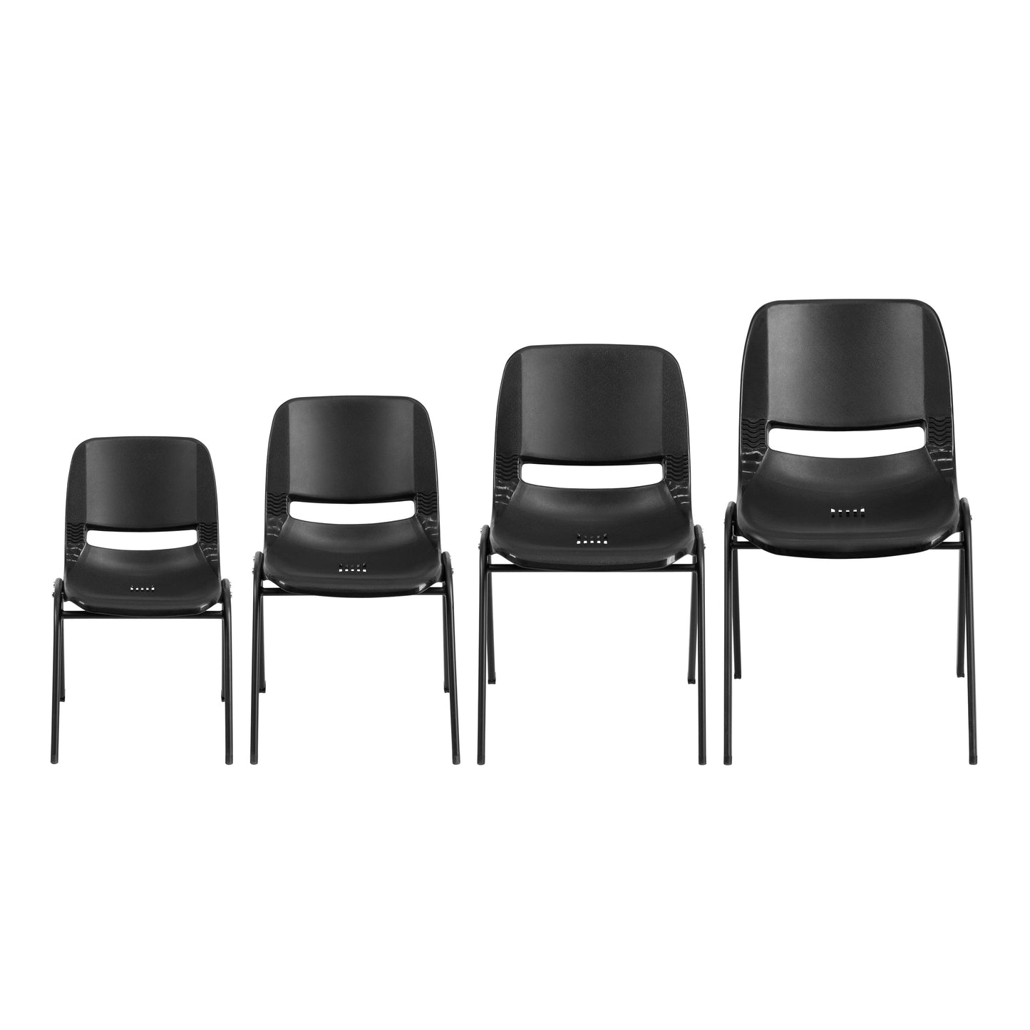 HERCULES Series 661 lb. Capacity Black Ergonomic Shell Stack Chair with Black Frame and 16'' Seat Height Black Plastic/Black Frame