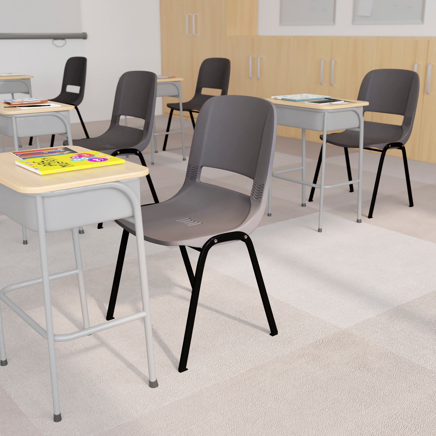 HERCULES Series 661 lb. Capacity Gray Ergonomic Shell Stack Chair with Black Frame and 16'' Seat Height Gray Plastic/Black Frame RUT-16-PDR-GY-GG