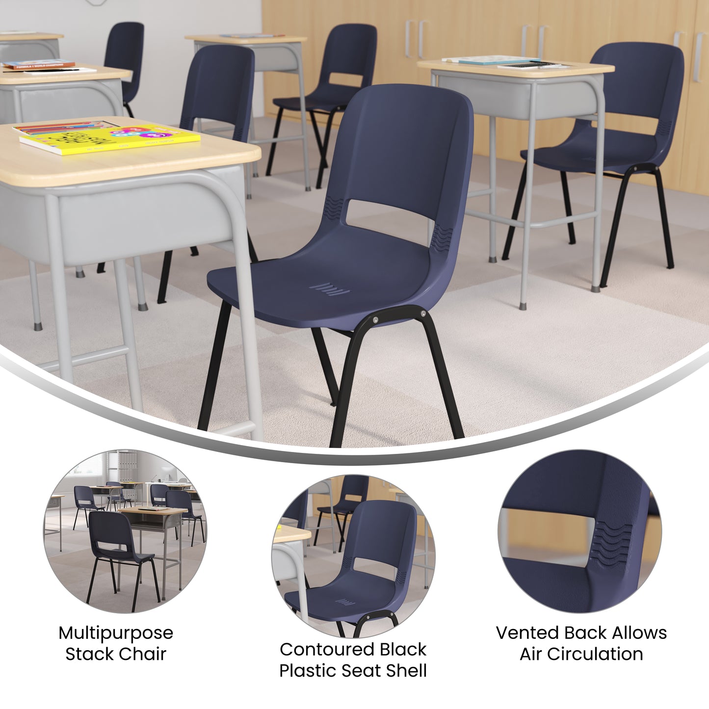 HERCULES Series 661 lb. Capacity Navy Ergonomic Shell Stack Chair with Black Frame and 16'' Seat Height True Navy Plastic/Black Frame