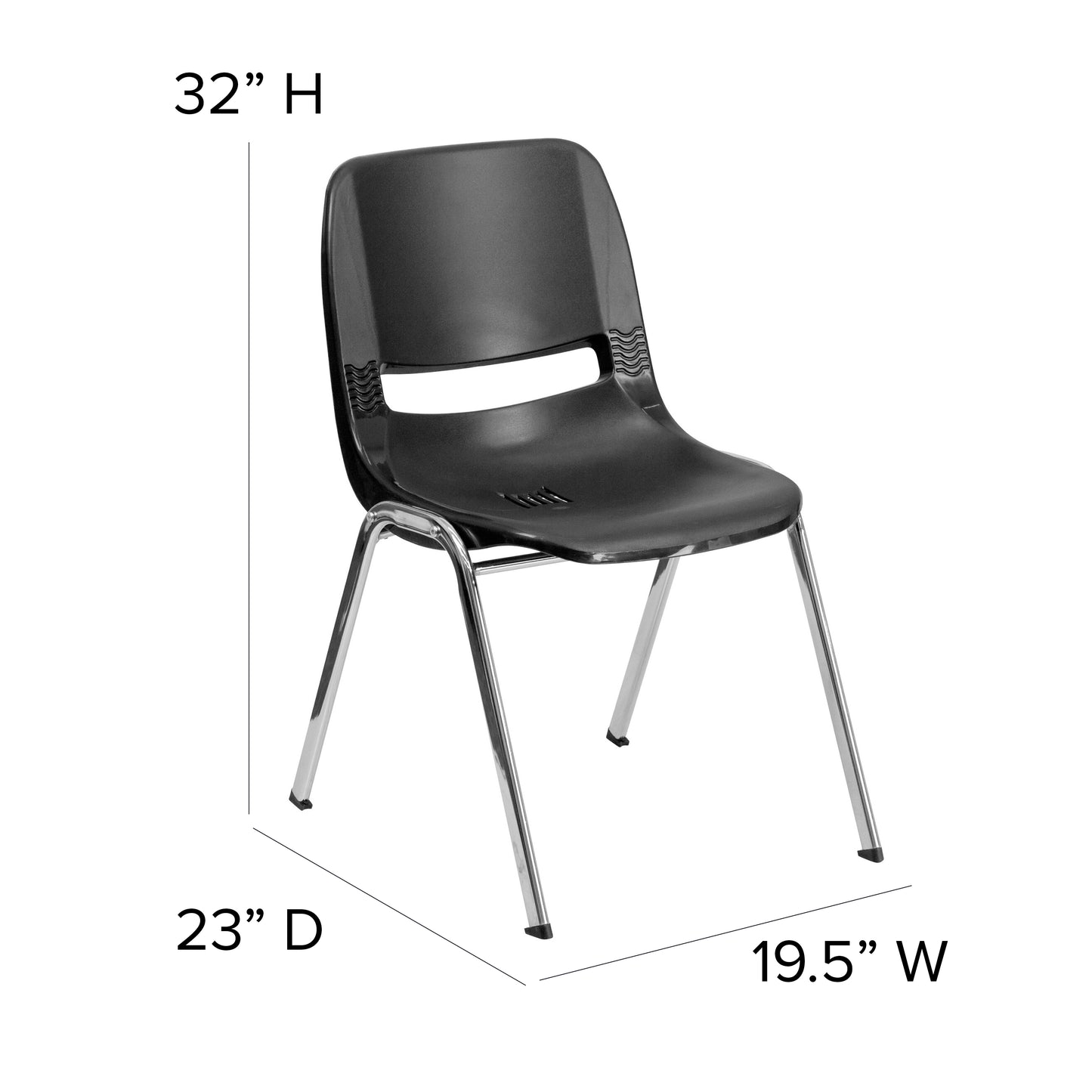 HERCULES Series 880 lb. Capacity Black Ergonomic Shell Stack Chair with Chrome Frame and 18'' Seat Height Black Plastic/Chrome Frame