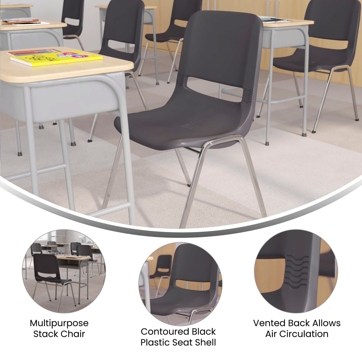 HERCULES Series 880 lb. Capacity Gray Ergonomic Shell Stack Chair with Chrome Frame and 18'' Seat Height Gray Plastic/Chrome Frame
