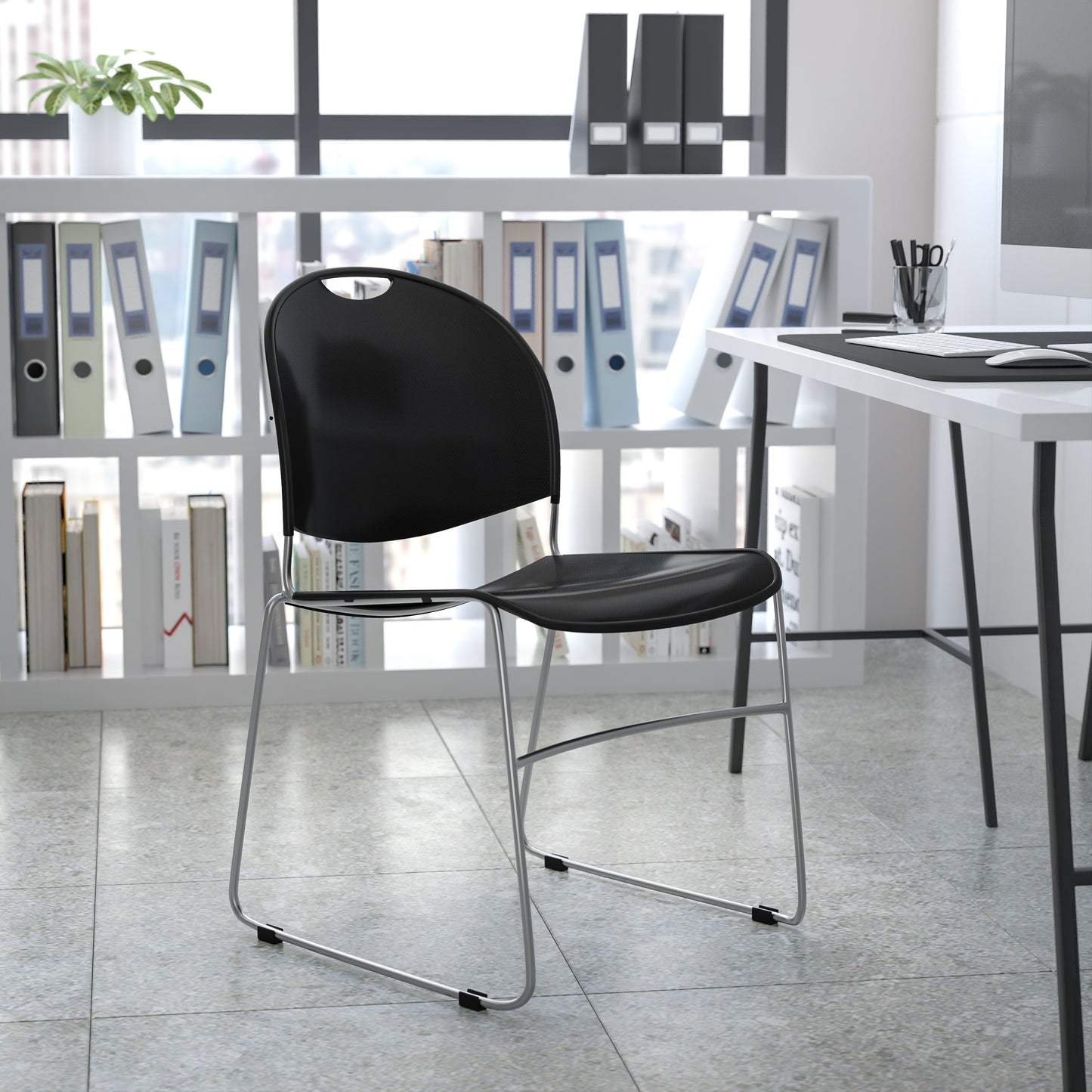 HERCULES Series 880 lb. Capacity Black Ultra-Compact Stack Chair with Chrome Frame Black Plastic/Chrome Frame