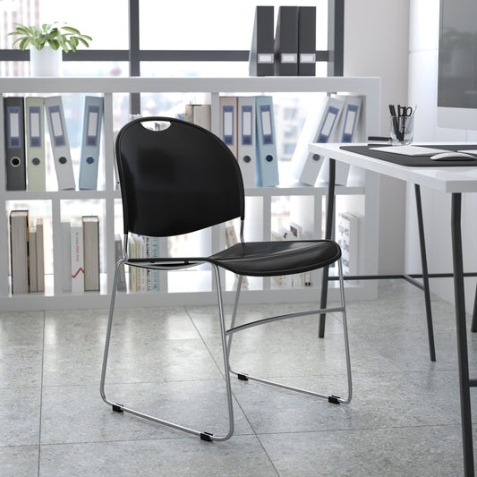 HERCULES Series 880 lb. Capacity Black Ultra-Compact Stack Chair with Chrome Frame Black Plastic/Chrome Frame