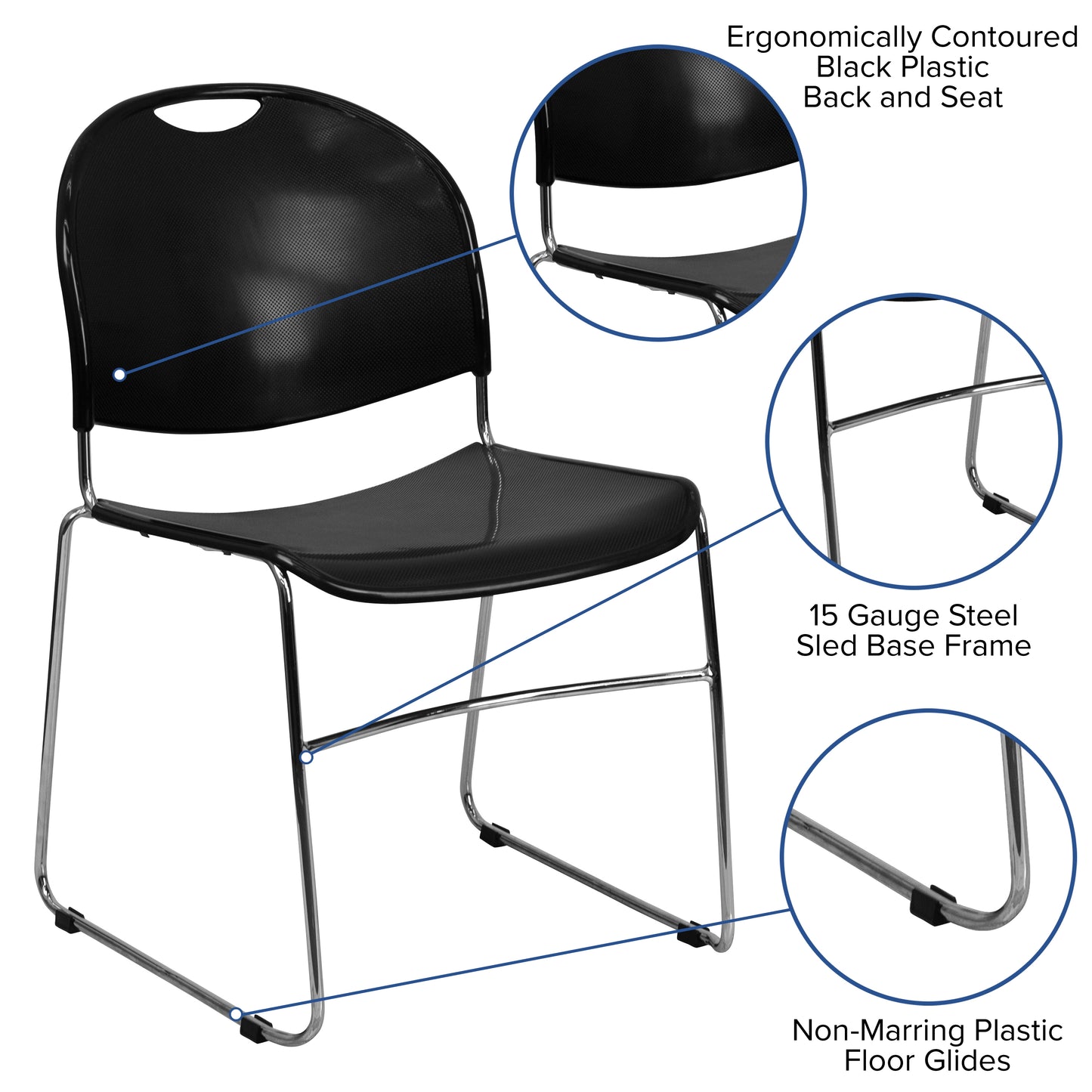 HERCULES Series 880 lb. Capacity Black Ultra-Compact Stack Chair with Chrome Frame Black Plastic/Chrome Frame