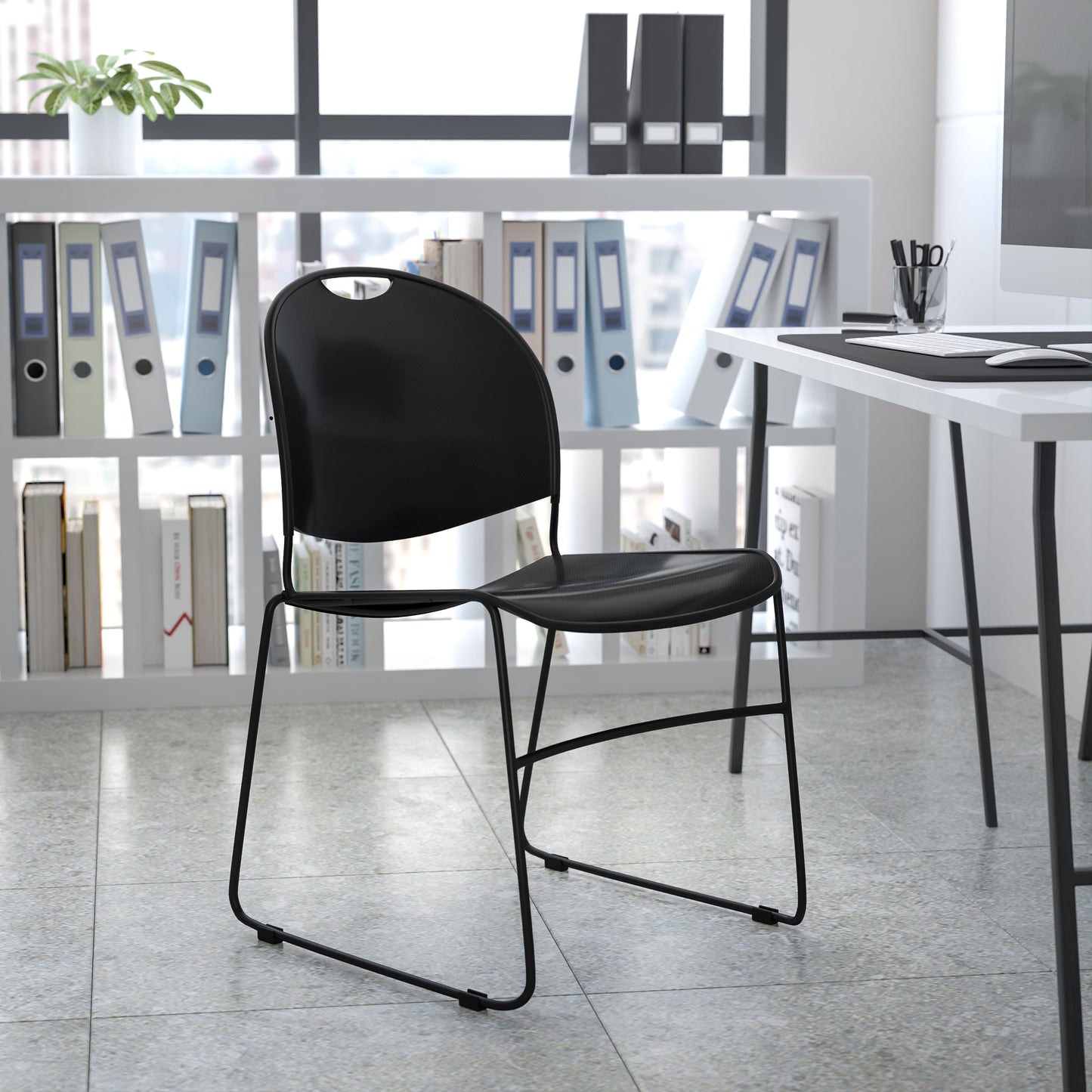 HERCULES Series 880 lb. Capacity Black Ultra-Compact Stack Chair with Black Powder Coated Frame Black Plastic/Black Frame