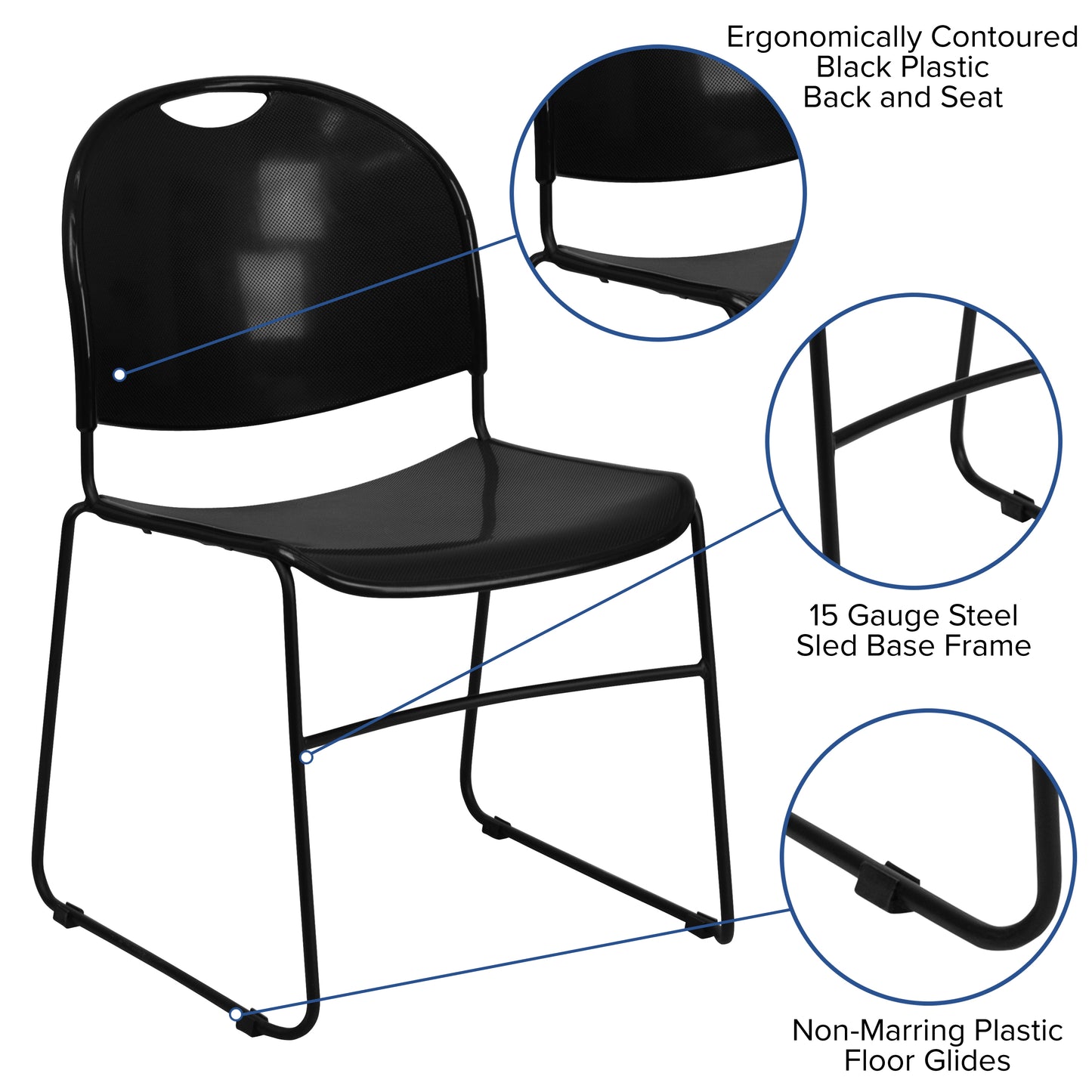 HERCULES Series 880 lb. Capacity Black Ultra-Compact Stack Chair with Black Powder Coated Frame Black Plastic/Black Frame