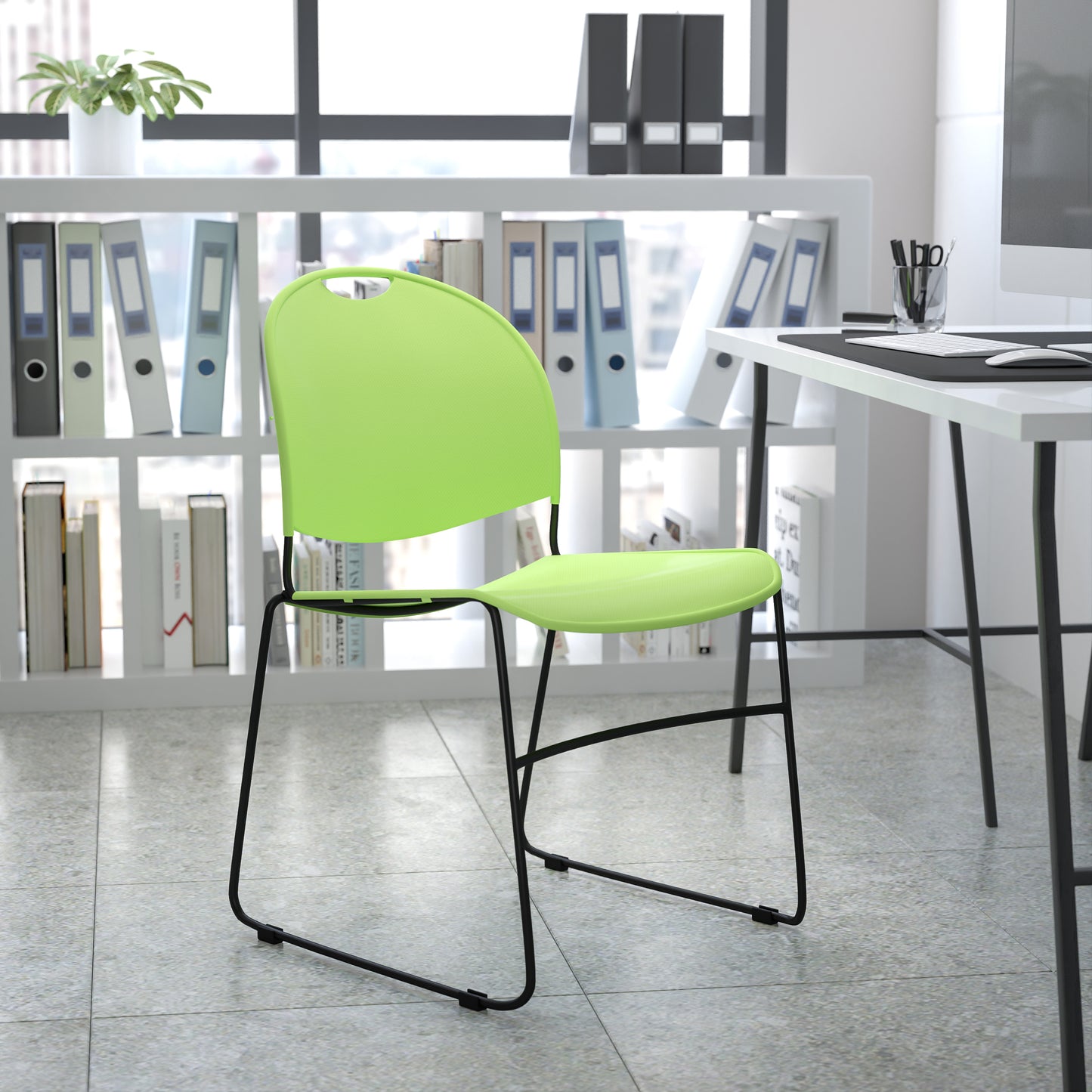 HERCULES Series 880 lb. Capacity Green Ultra-Compact Stack Chair with Black Powder Coated Frame Green Plastic/Black Frame RUT-188-GN-GG