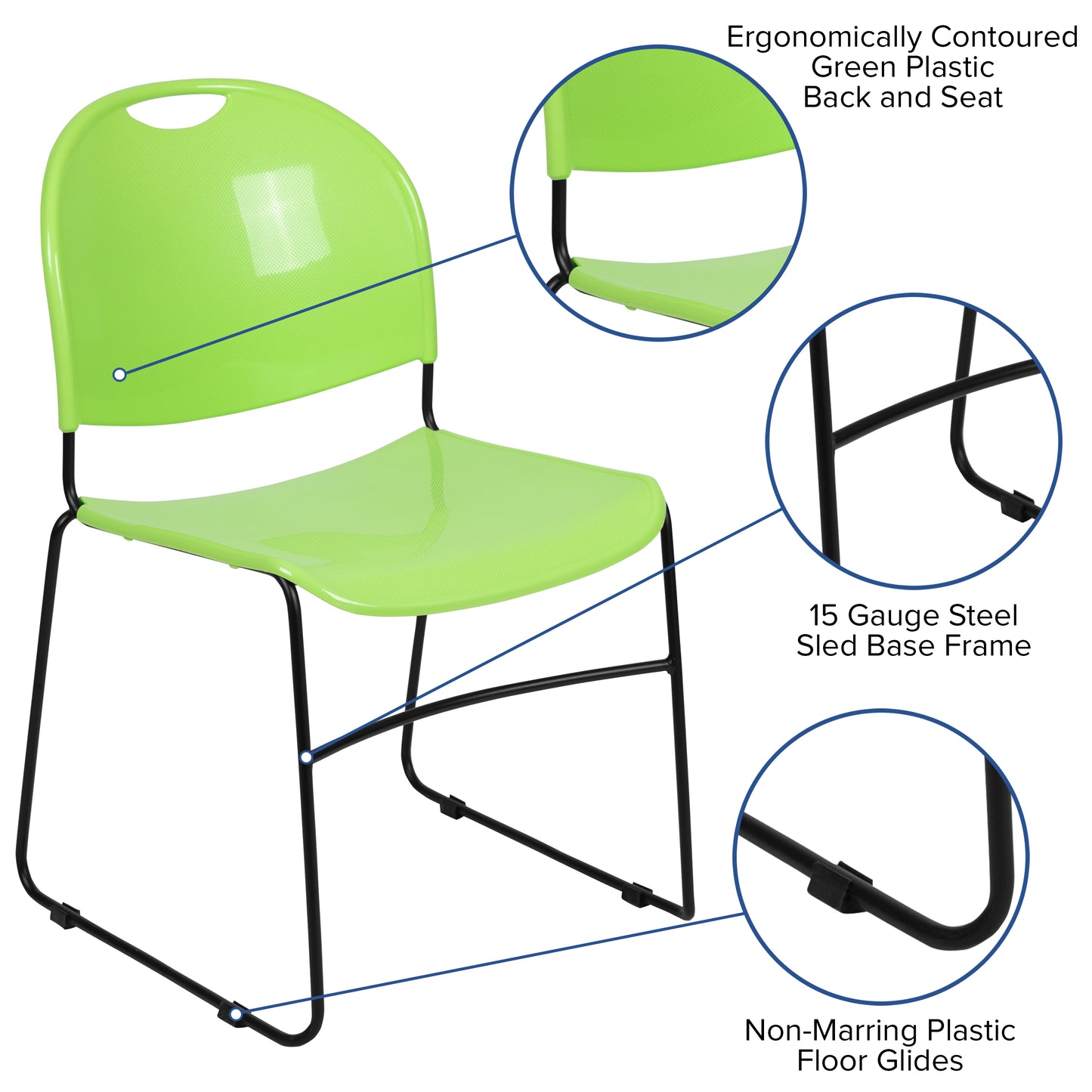 HERCULES Series 880 lb. Capacity Green Ultra-Compact Stack Chair with Black Powder Coated Frame Green Plastic/Black Frame RUT-188-GN-GG